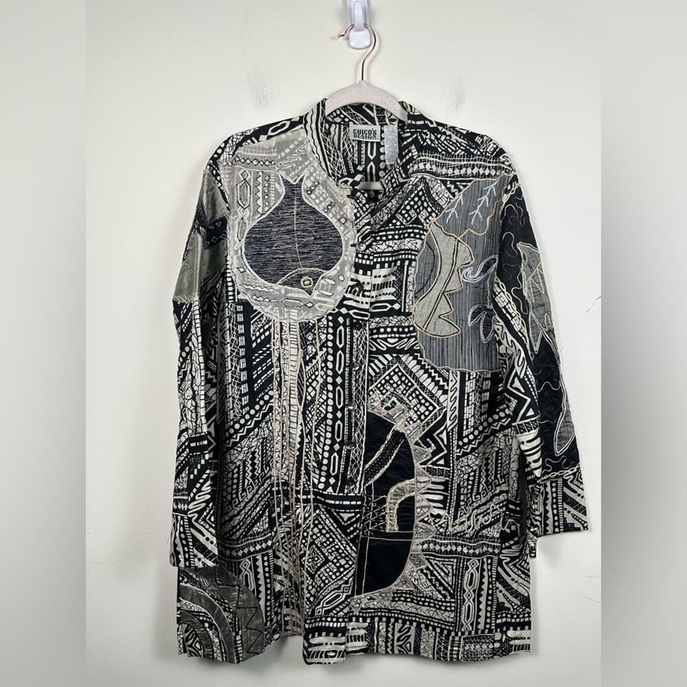 Chico's Tunic Blouse Women L Black EXCELLENT Vintage Silk Embroidered Fish Art